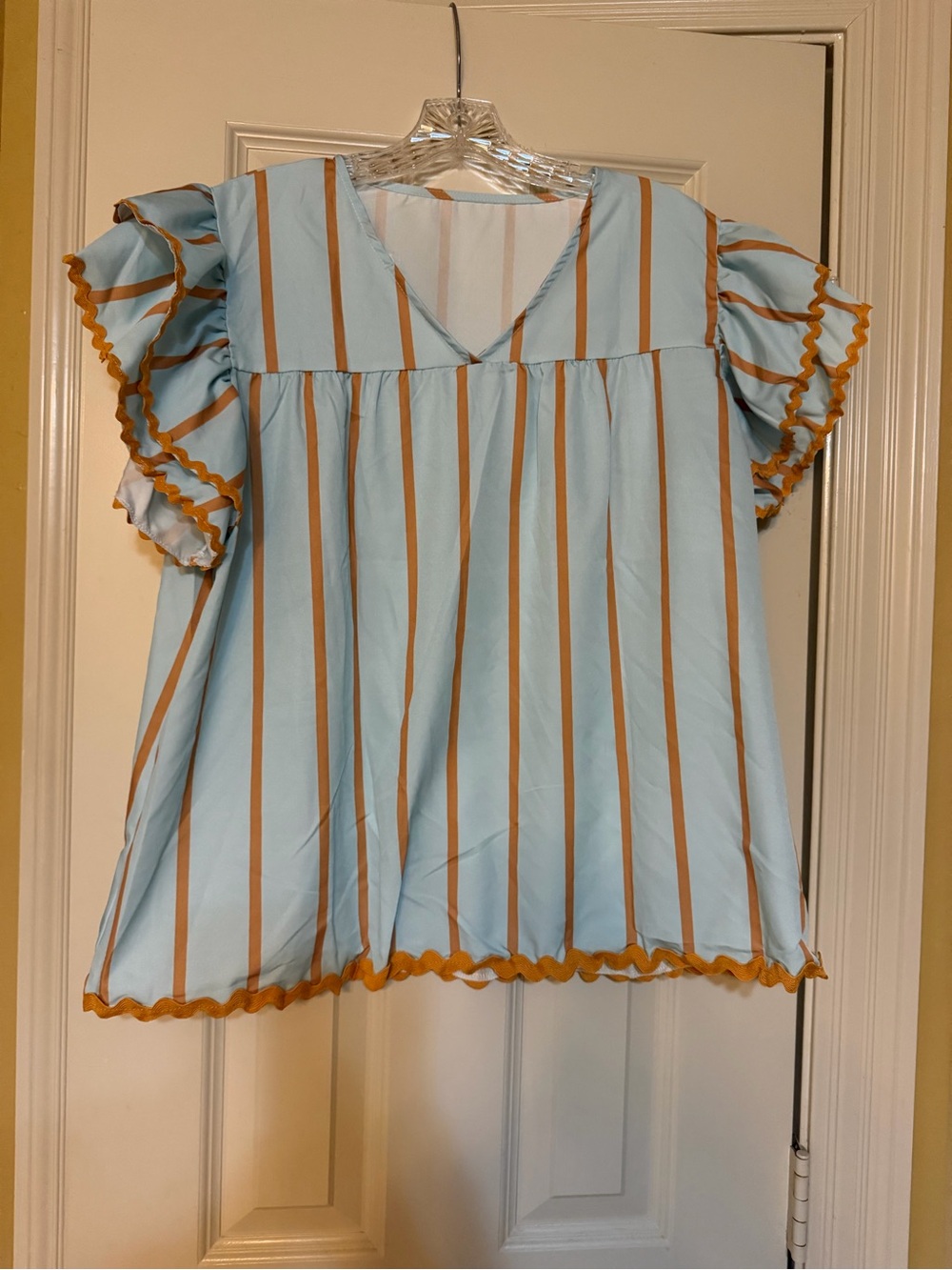 Dex Light Blue and Mustard Stripe Ruffle Sleeve Blouse
